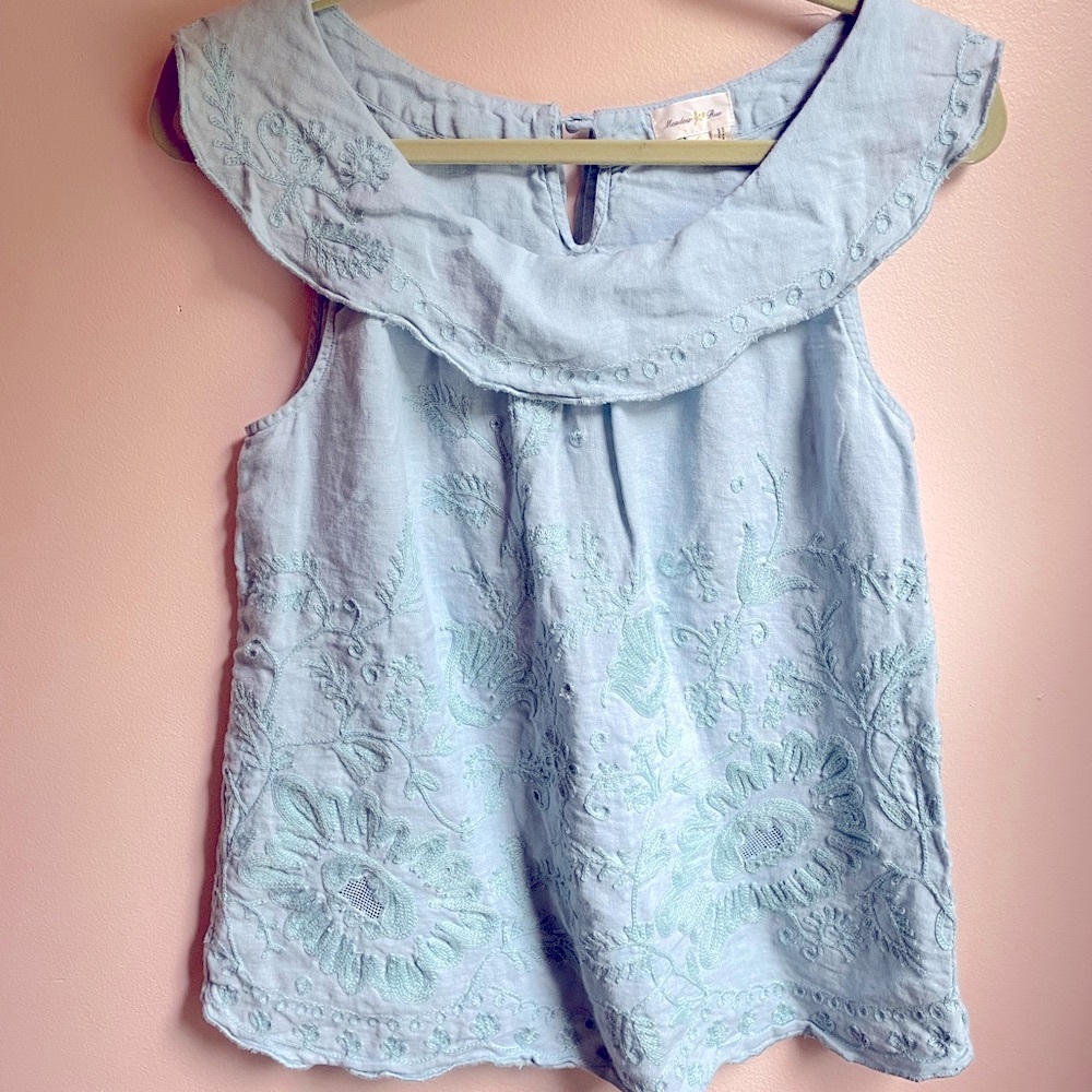 Meadow Rue x Anthropologie Embroidered Blue Linen Blouse Size 4/Small